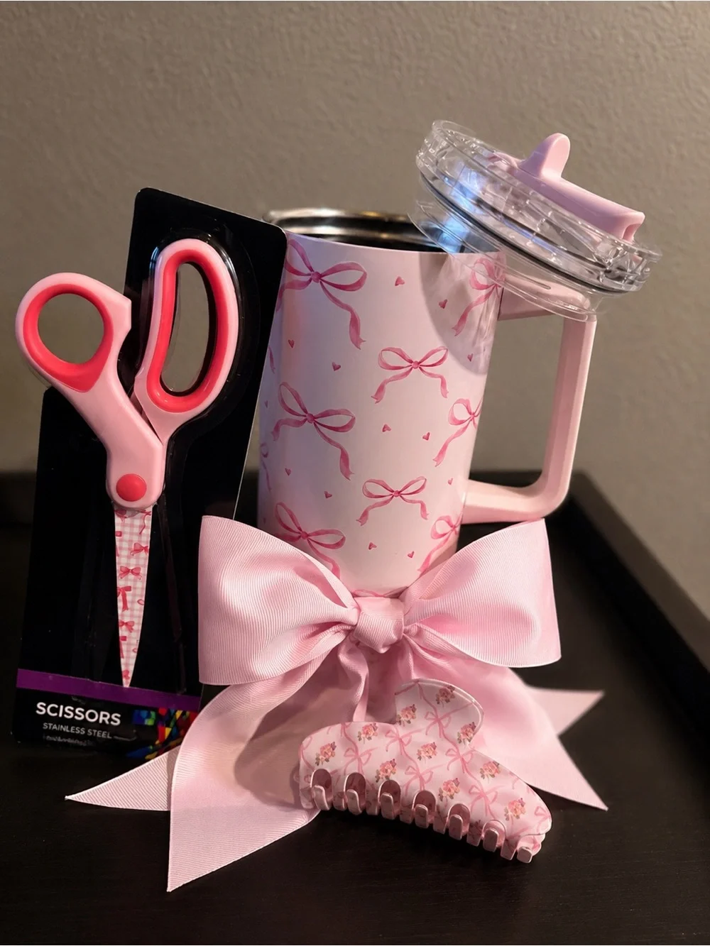 LoveShackFancy Pink Bow Print Travel Mug with Pink Accessories